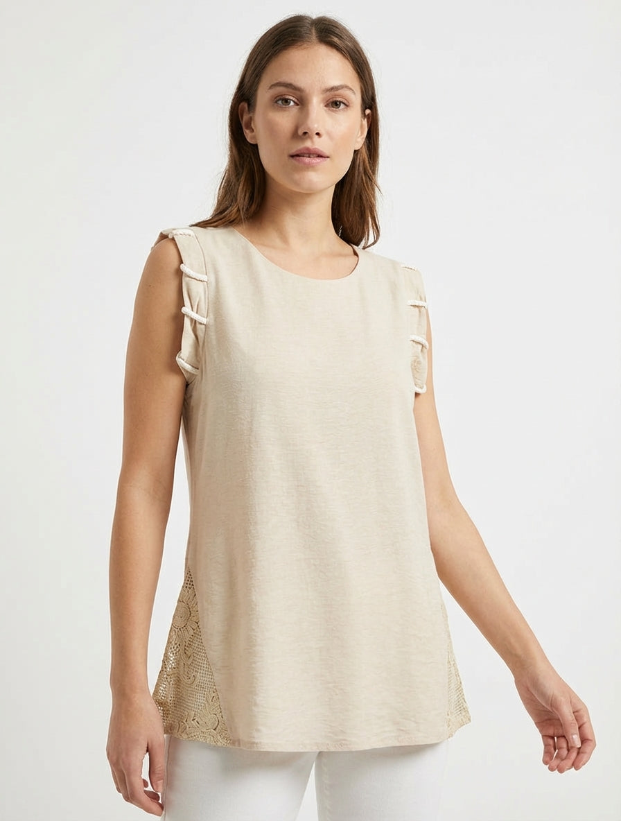 Top fluide à broderies ajourées - Beige