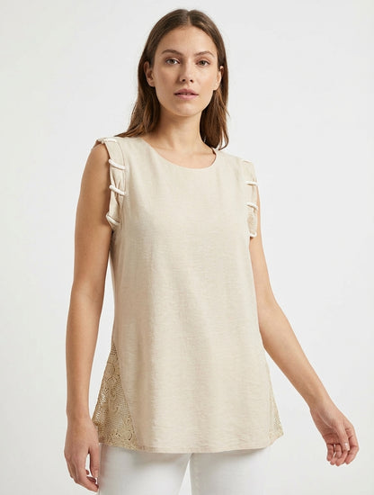 Top fluide à broderies ajourées - Beige