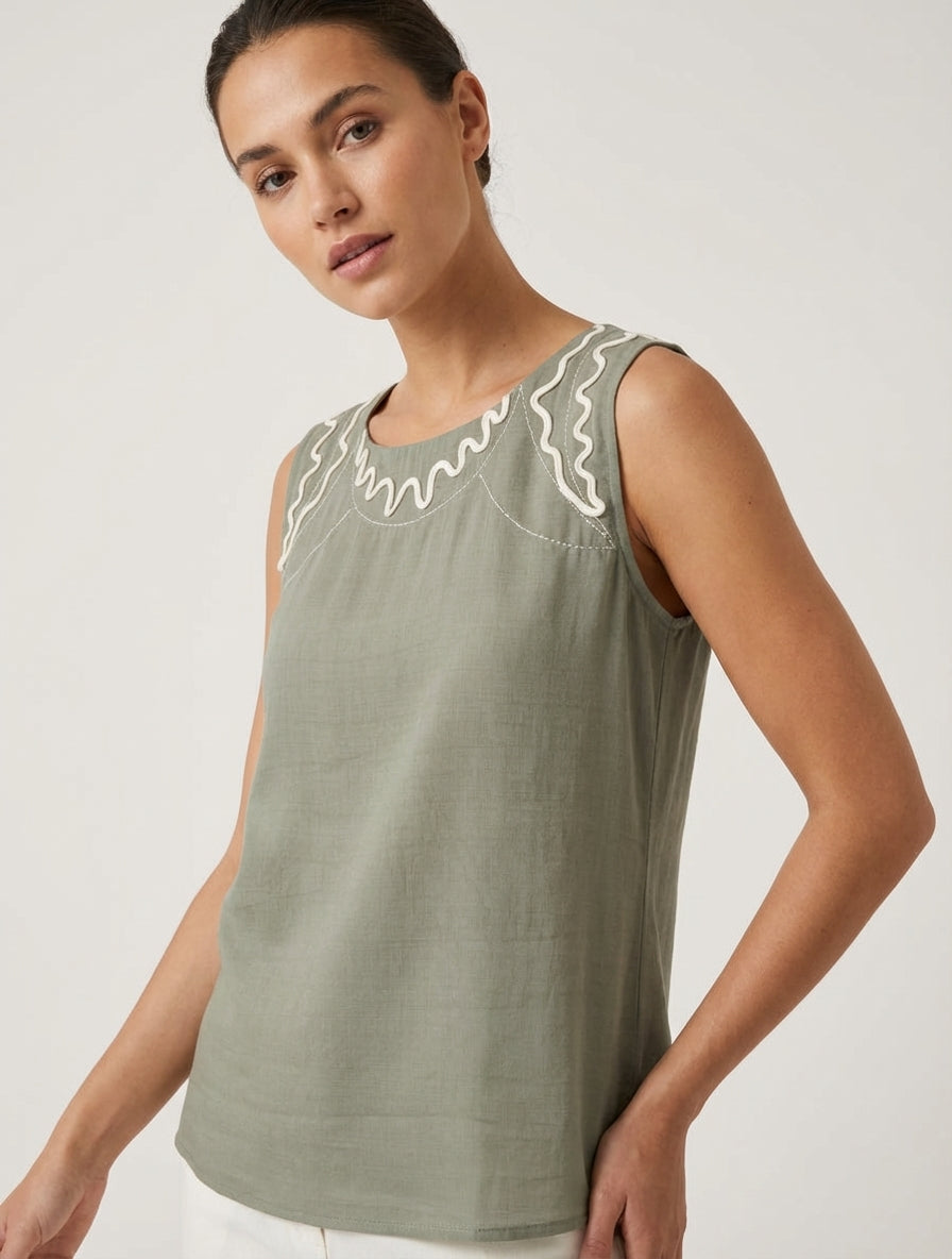 Top uni à détail broderies vagues - Kaki