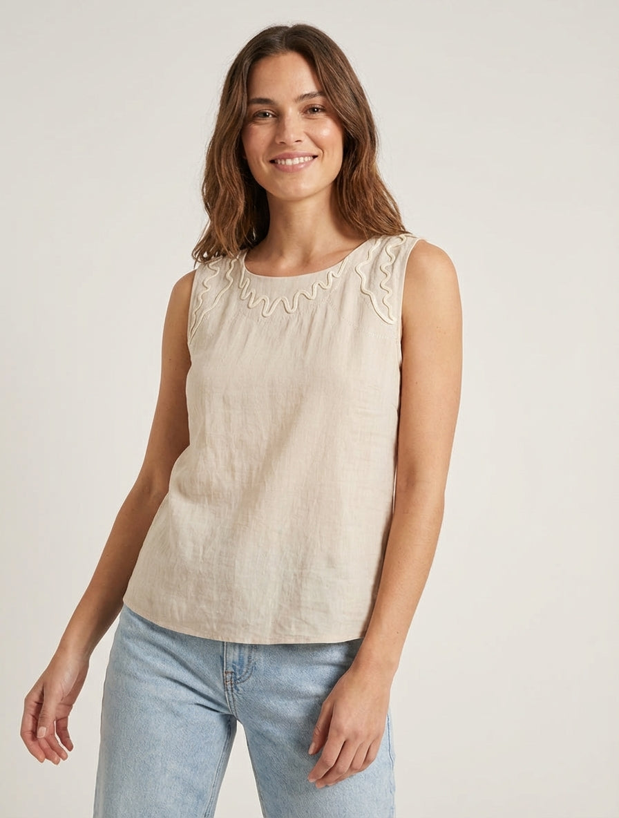 Top fluide broderies vagues - Beige