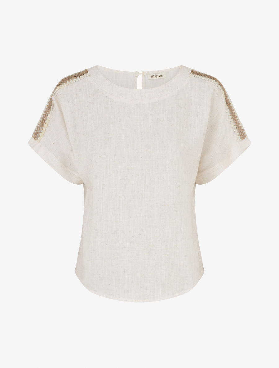 Top manches courtes à broderies ajourés - Crème - 1