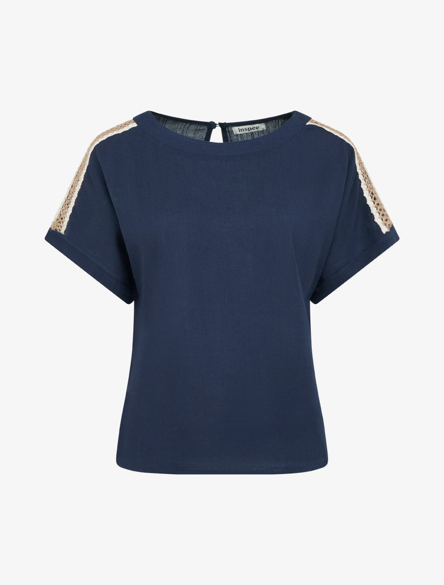 Top manches courtes à broderies ajourés - Marine - 1