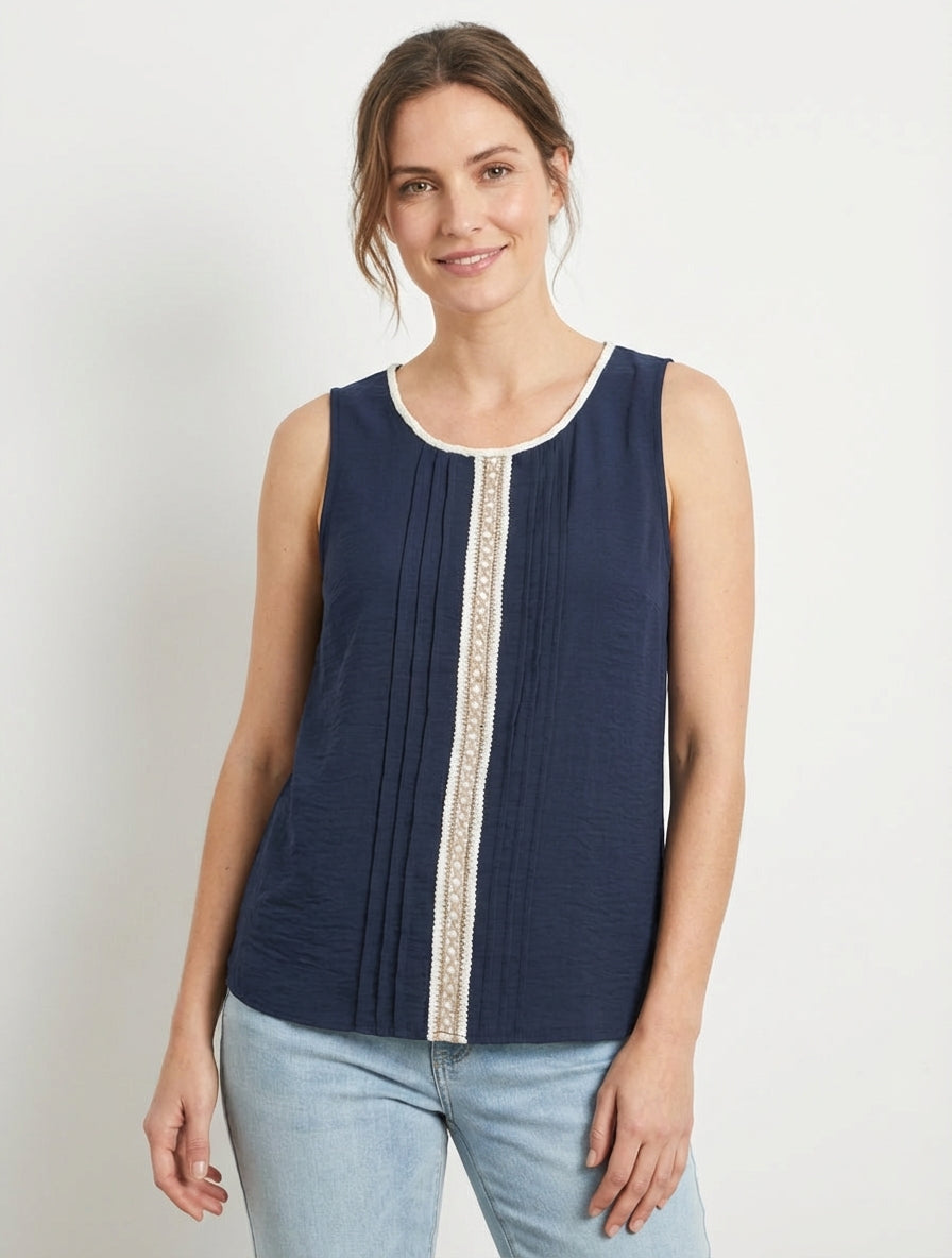 Top sans manches à col rond et broderie - Marine