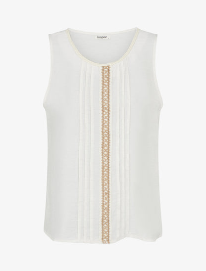 Top sans manches à col rond et broderie - Écru - 1