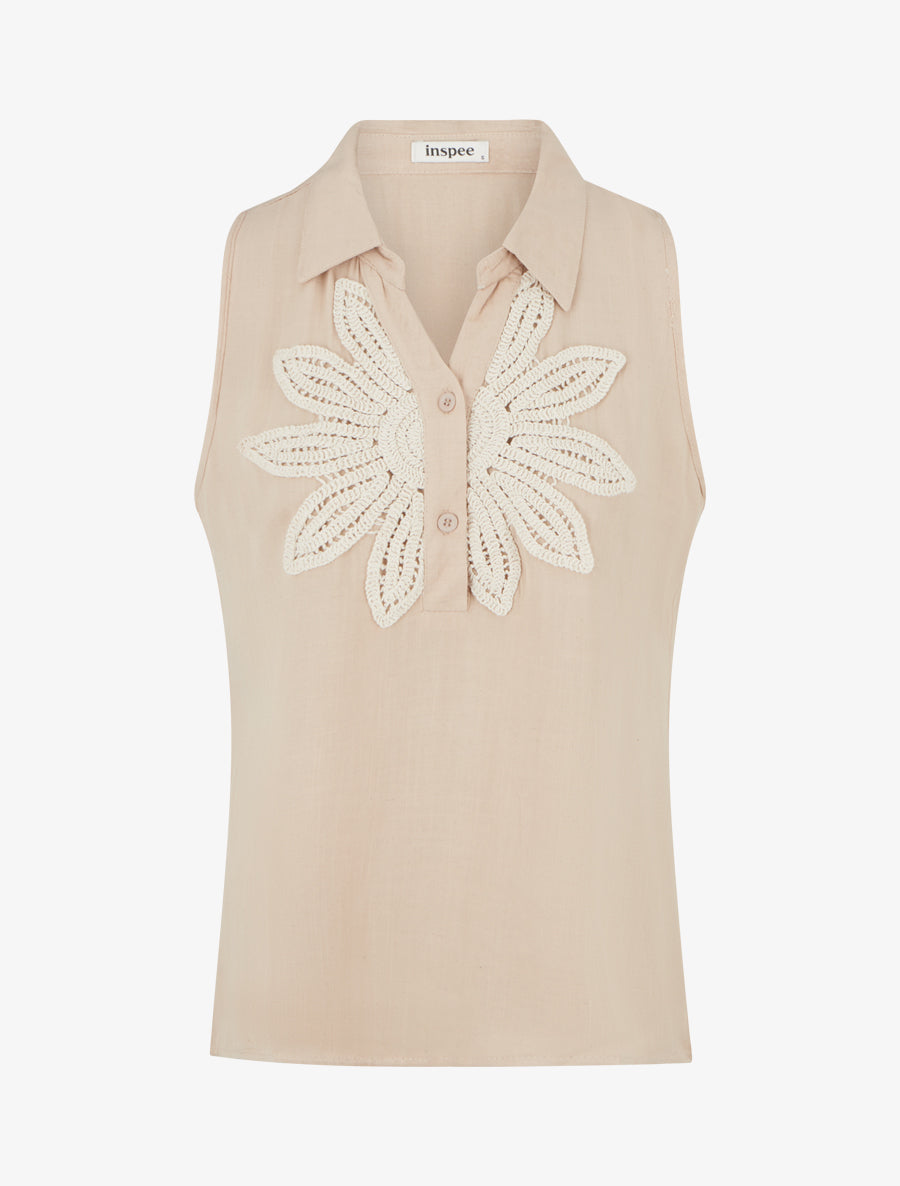 Chemisier sans manches à broderie floral - Beige - 1