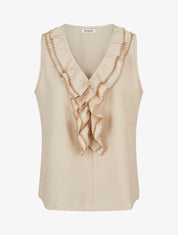 Top sans manches à col V volanté - Beige - 1