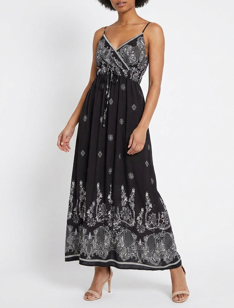 Robe longue col cache-cœur - Noir