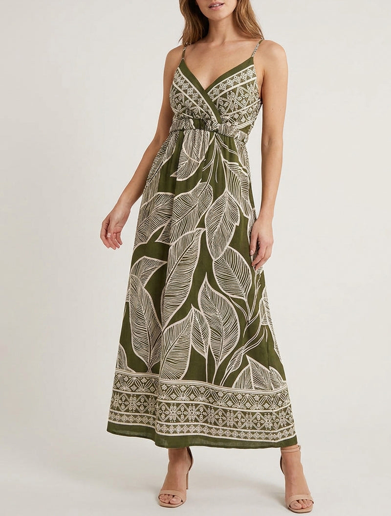 Robe longue cache-cœur à bretelles - Kaki