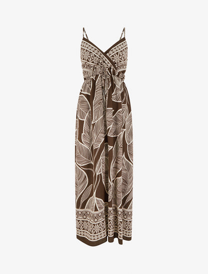 Robe longue imprimé feuilles stylisées - Marron - 1