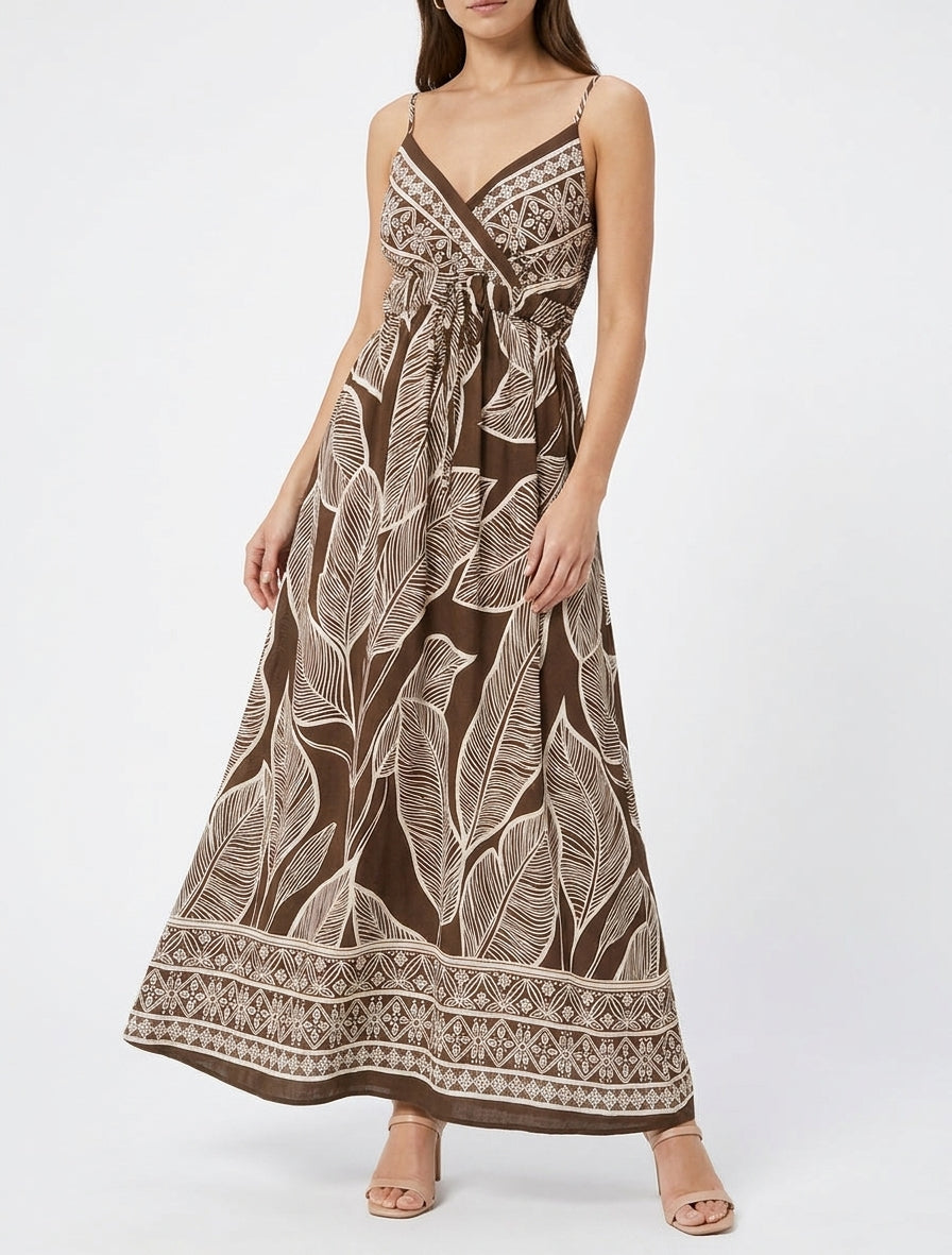 Robe longue cache-cœur à bretelles - Marron