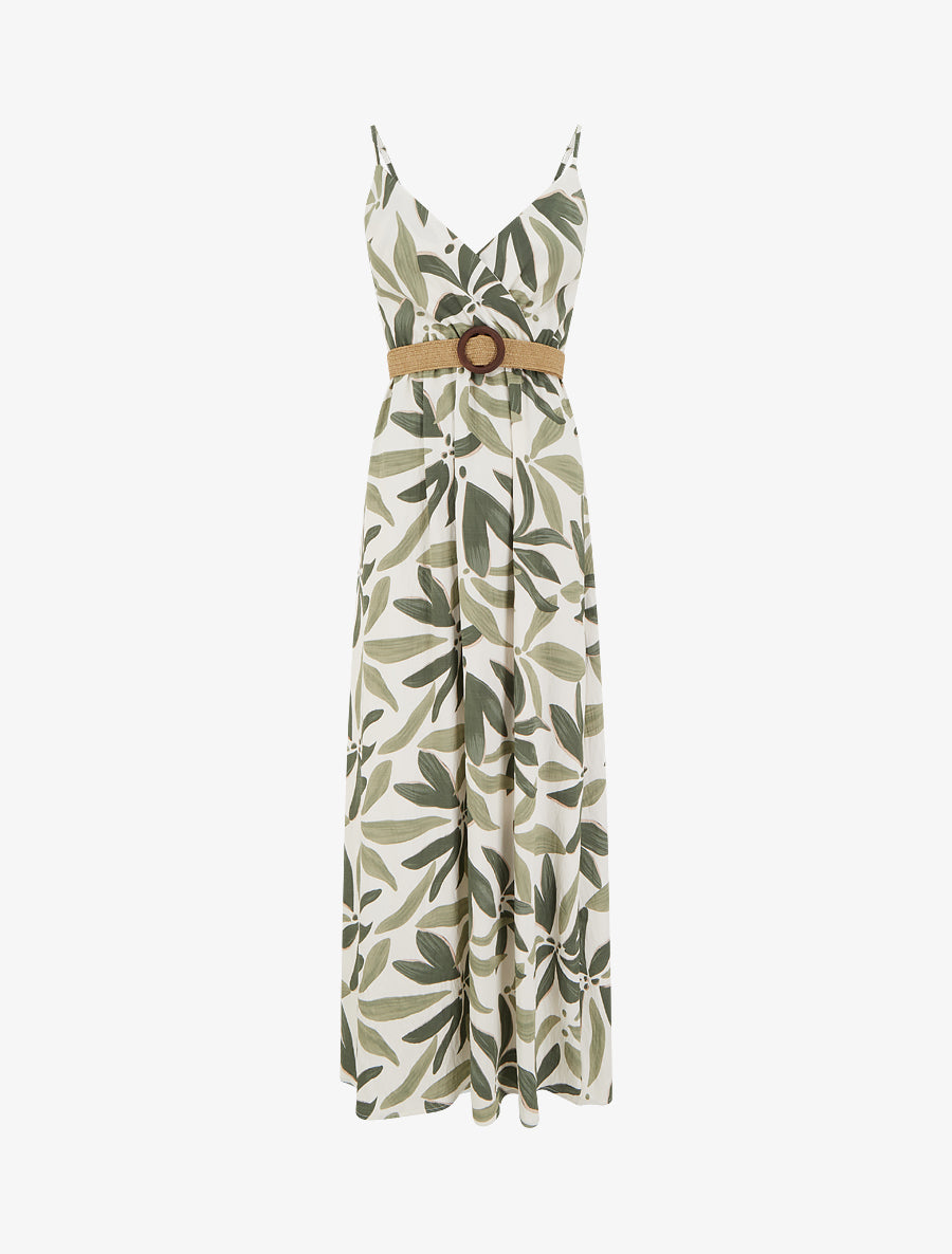 Robe longue évasée imprimé végétal - Kaki - 1