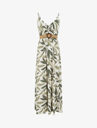 Robe longue évasée imprimé végétal - Kaki - 1