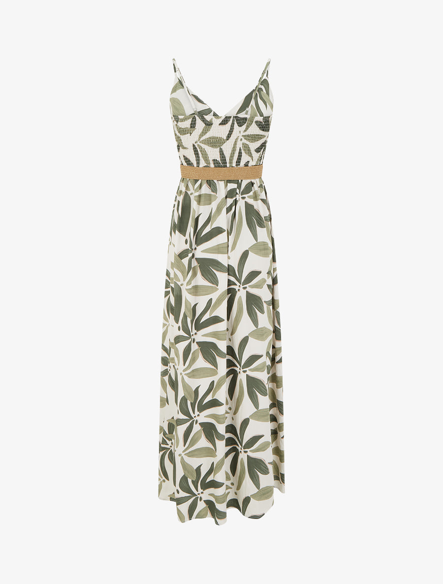 Robe longue évasée imprimé végétal - Kaki - 2