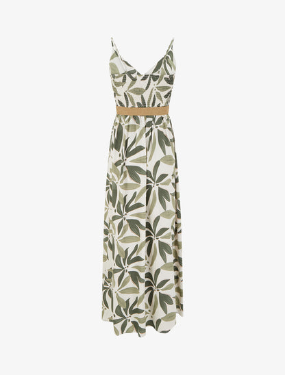Robe longue évasée imprimé végétal - Kaki - 2