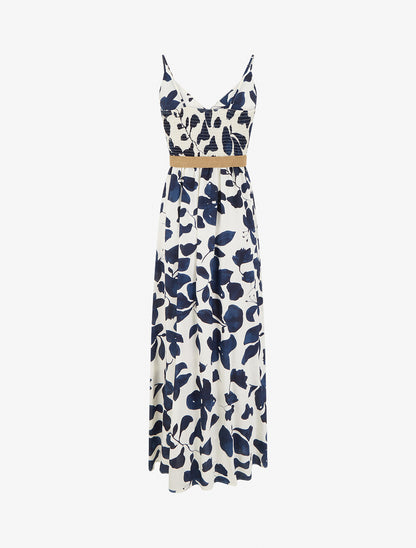 Robe longue évasée imprimé grandes fleurs - Marine - 2