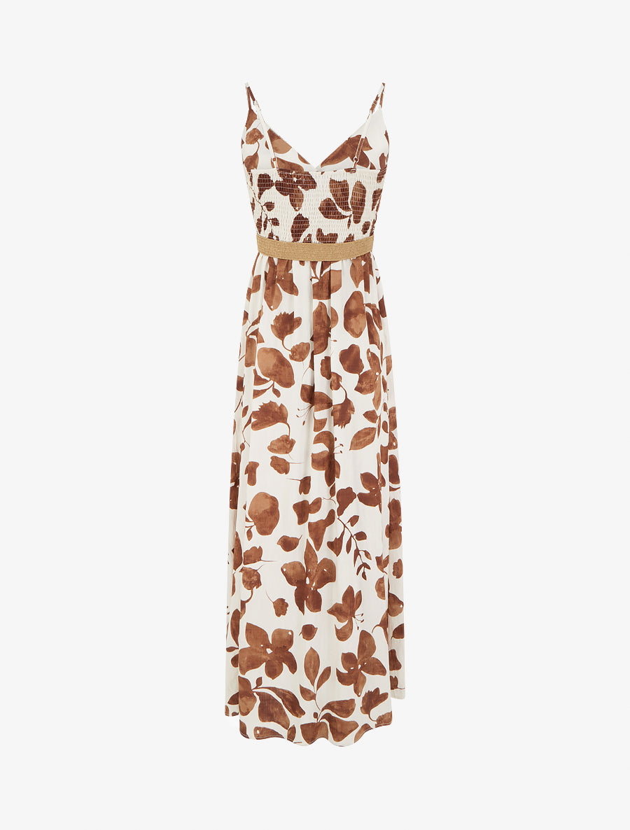 Robe longue évasée imprimé grandes fleurs - Marron - 2