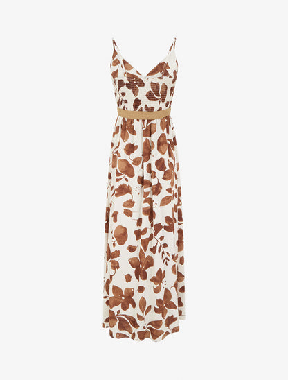 Robe longue évasée imprimé grandes fleurs - Marron - 2