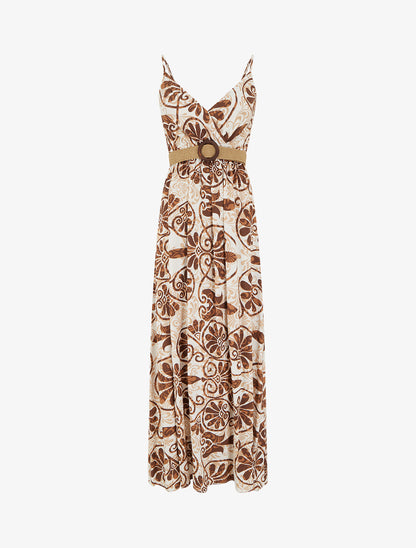 Robe longue évasée imprimé arabesques stylisés - Marron - 1