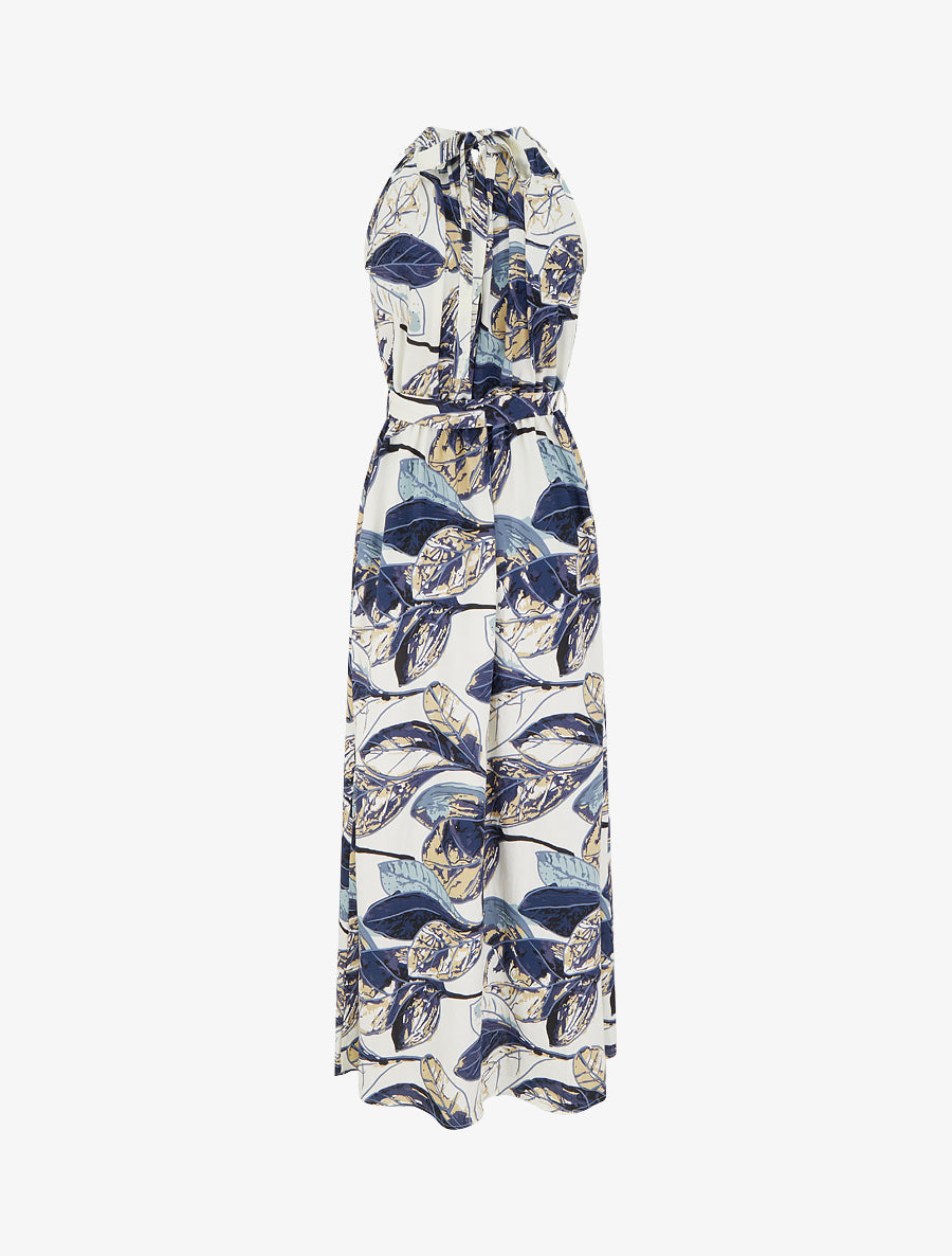 Robe longue élastiquée imprimé feuillage - Marine - 2