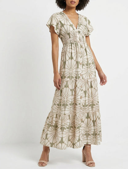 Robe longue col V volantée - Kaki