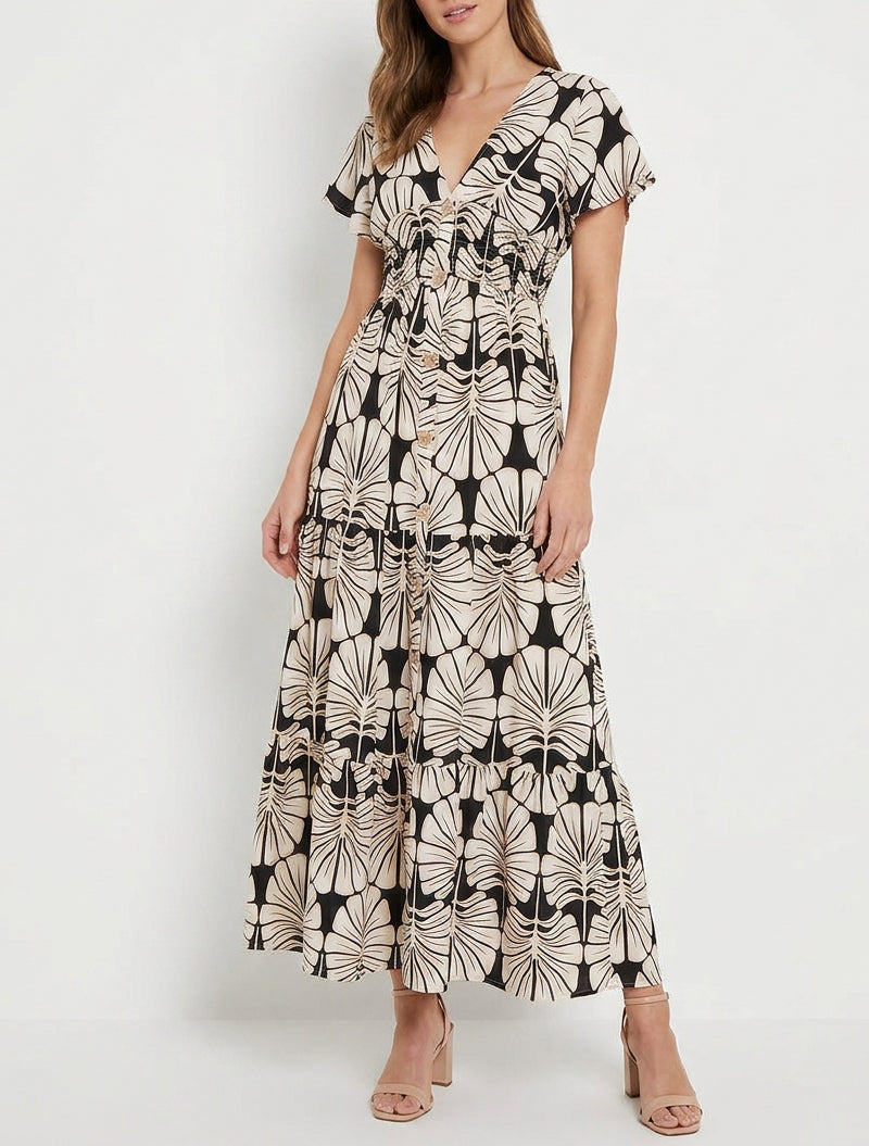 Robe longue col V taille élastiquée - Noir