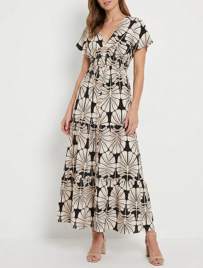 Robe longue col V taille élastiquée - Noir