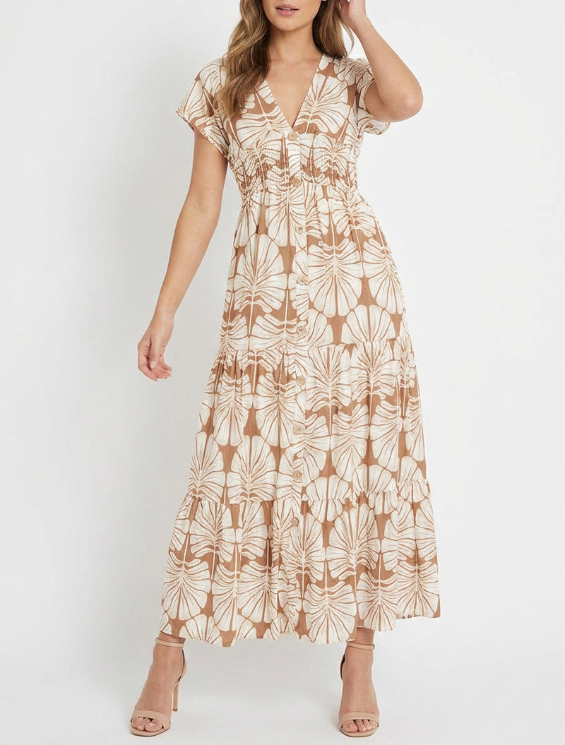 Robe longue col V à taille élastiquée - Camel