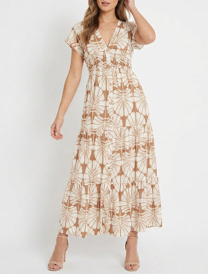 Robe longue col V à taille élastiquée - Camel