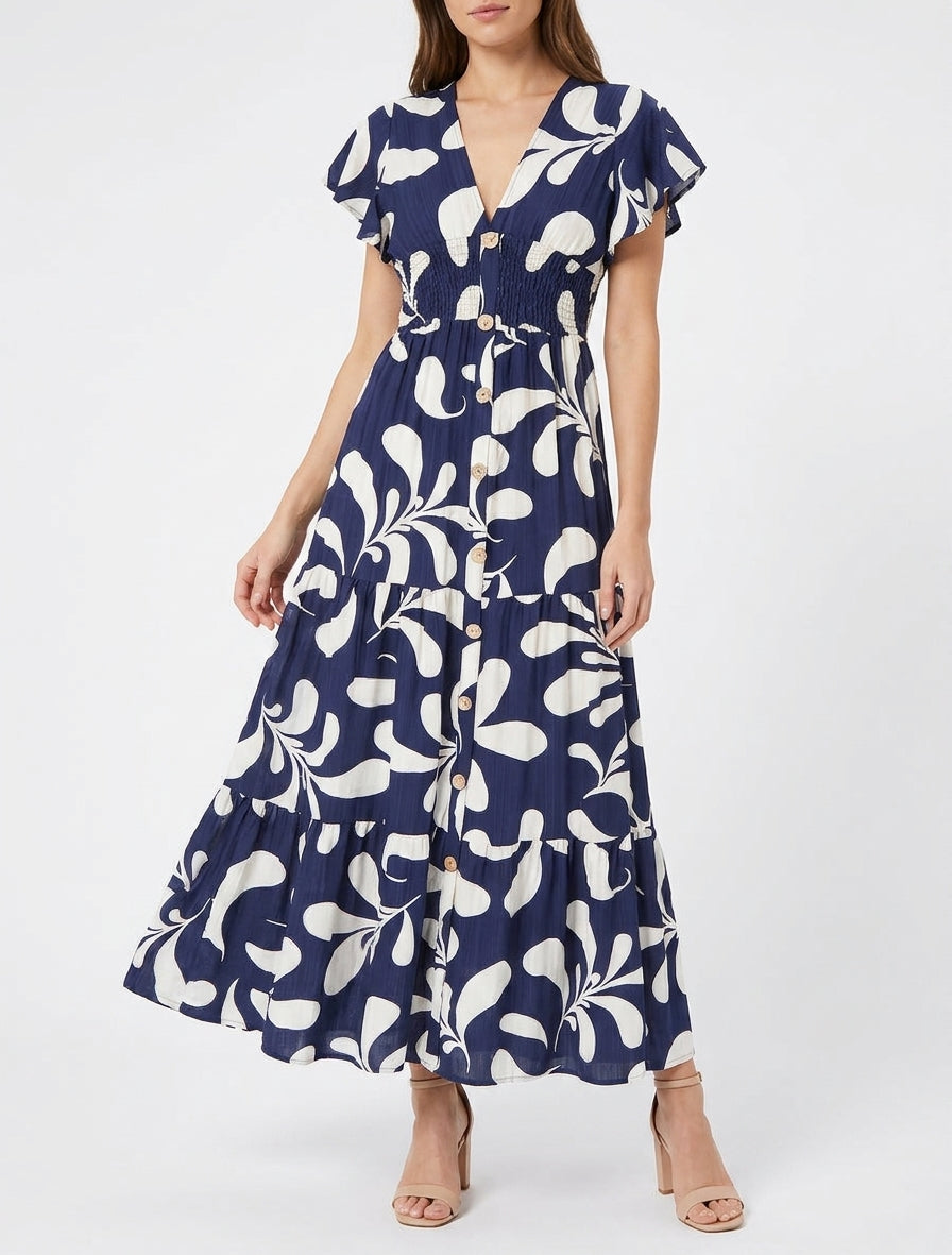 Robe longue col V taille élastiquée - Marine