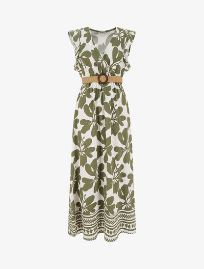 Robe longue imprimé grandes fleurs à col cache-coeur - Kaki - 1