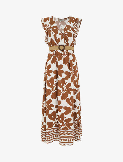 Robe longue imprimé grandes fleurs à col cache-coeur - Marron - 1