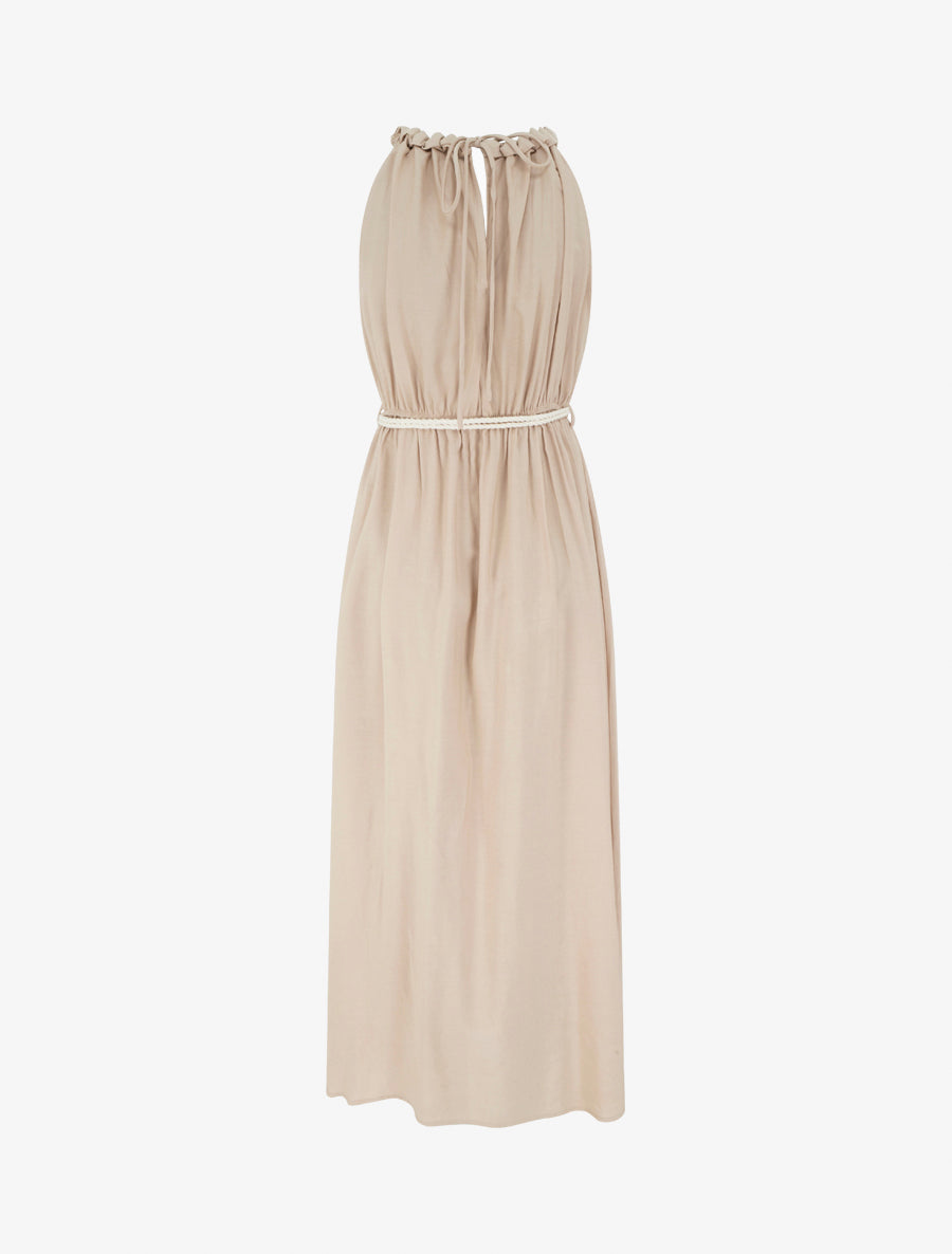 Robe longue unie à col rond stylisé - Taupe - 2