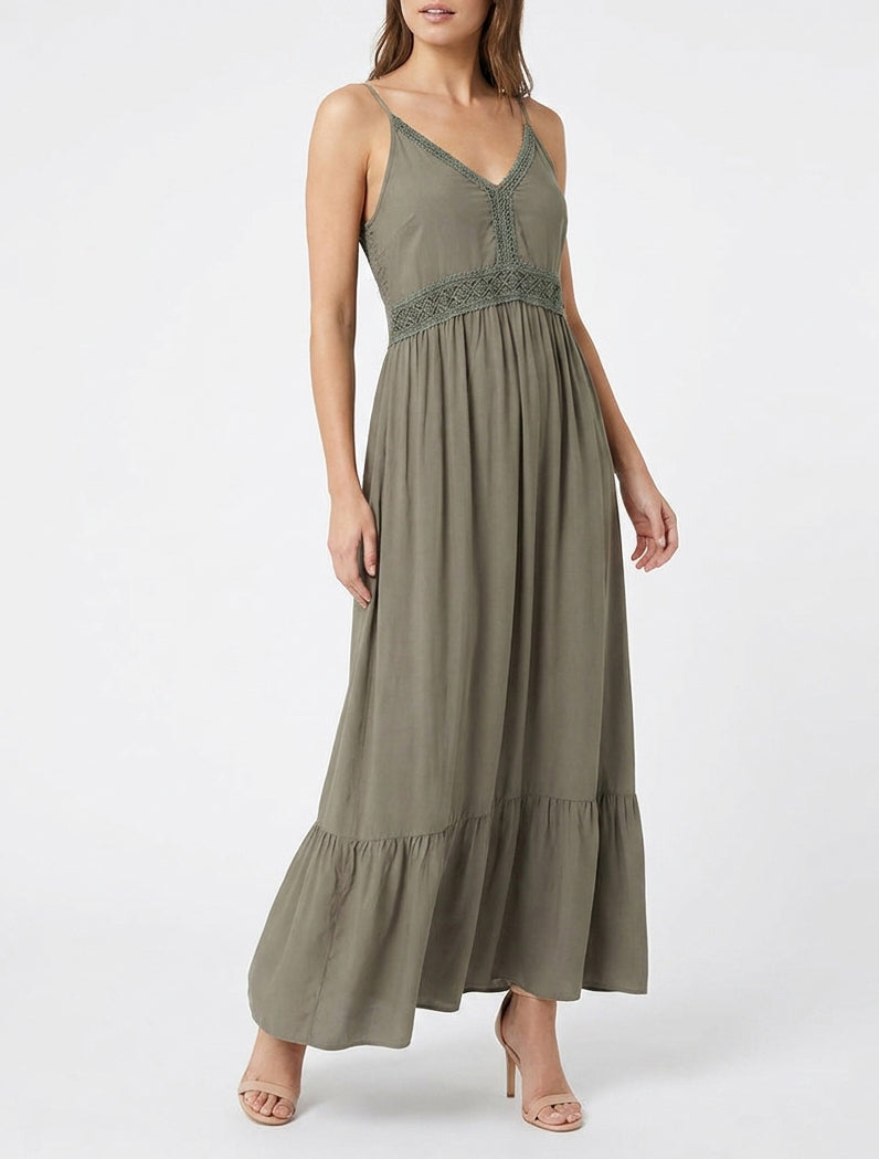 Robe longue col V à bretelles - Kaki