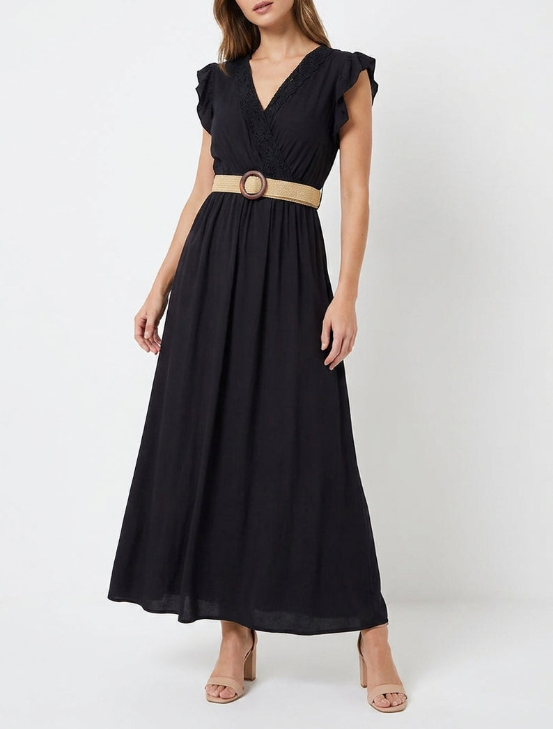 Robe longue cache-cœur volantée - Noir