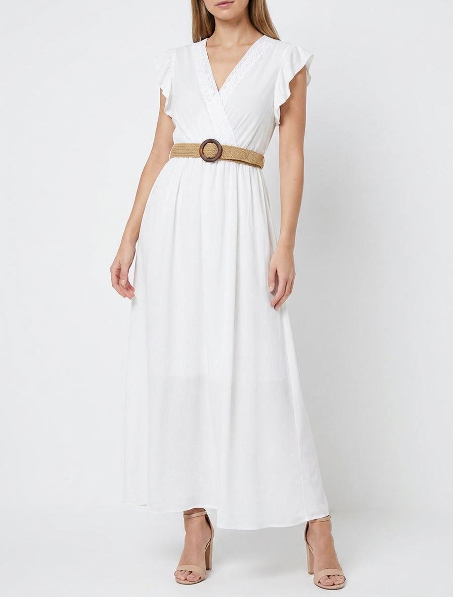 Robe longue cache-cœur à dentelle - Blanc