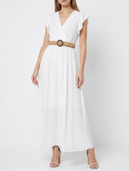 Robe longue cache-cœur à dentelle - Blanc