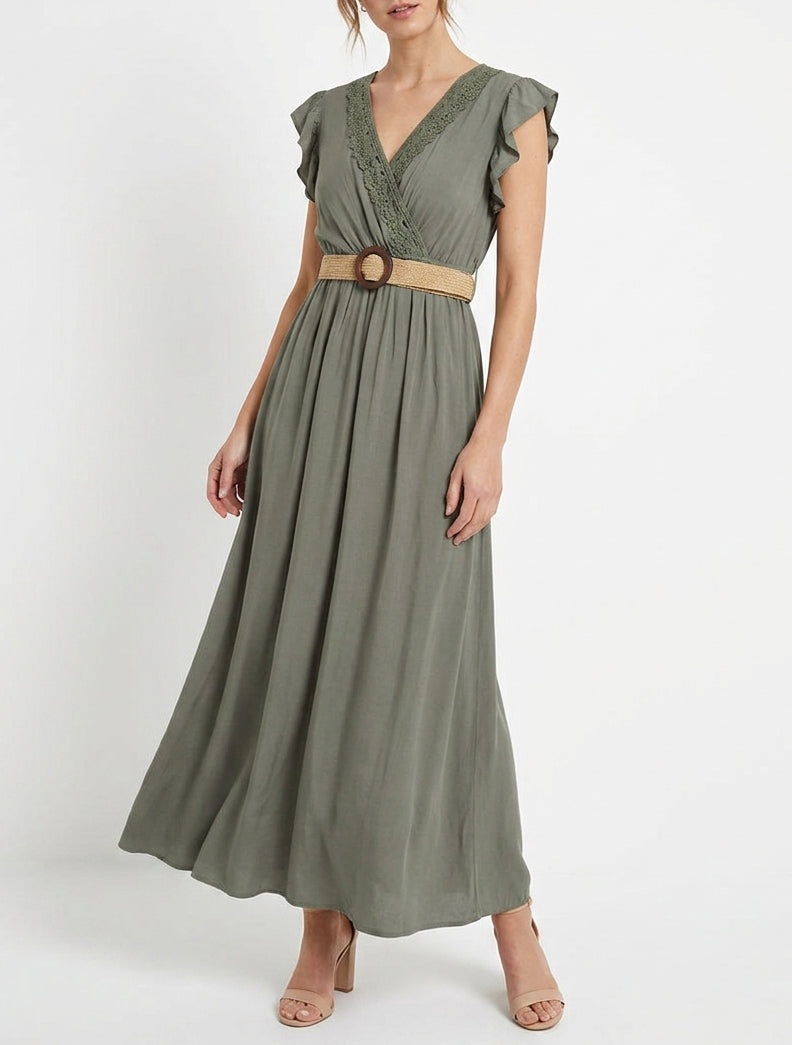 Robe longue à dentelle cache-cœur - Kaki