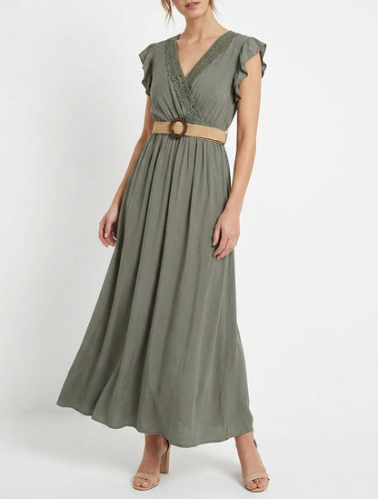 Robe longue à dentelle cache-cœur - Kaki