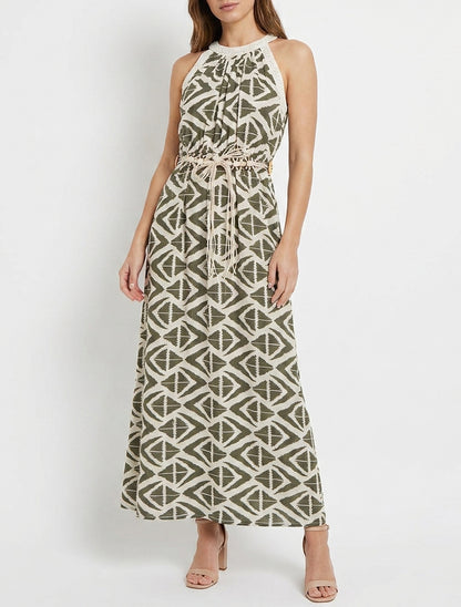 Robe longue évasée ceinturée - Kaki