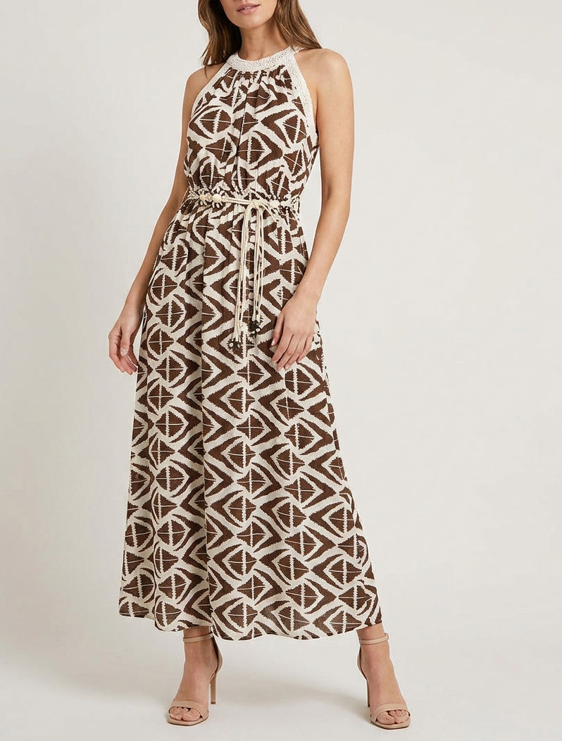 Robe longue ceinturée imprimé graphique - Marron