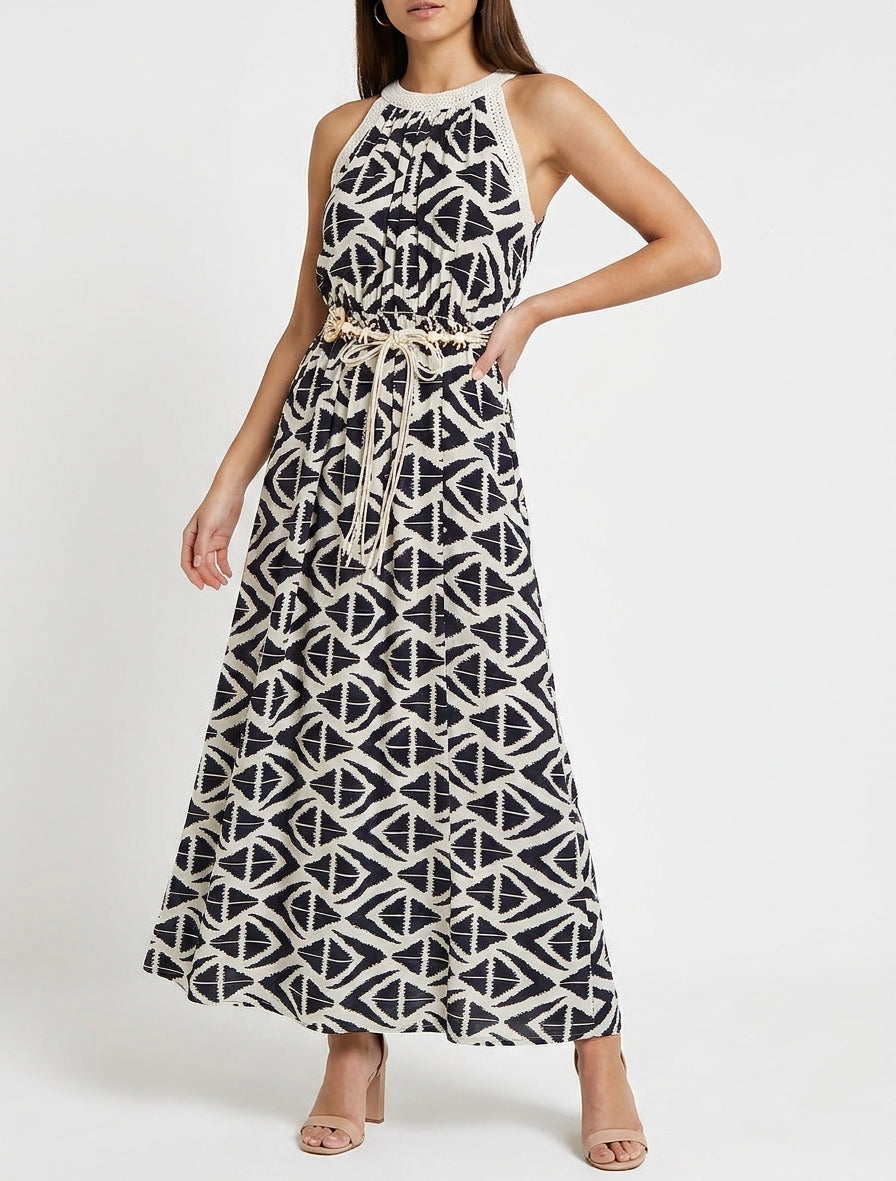 Robe longue évasée ceinturée - Marine