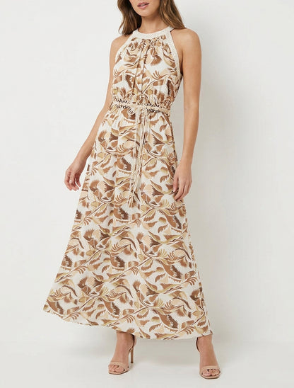 Robe longue évasée à dentelle - Marron