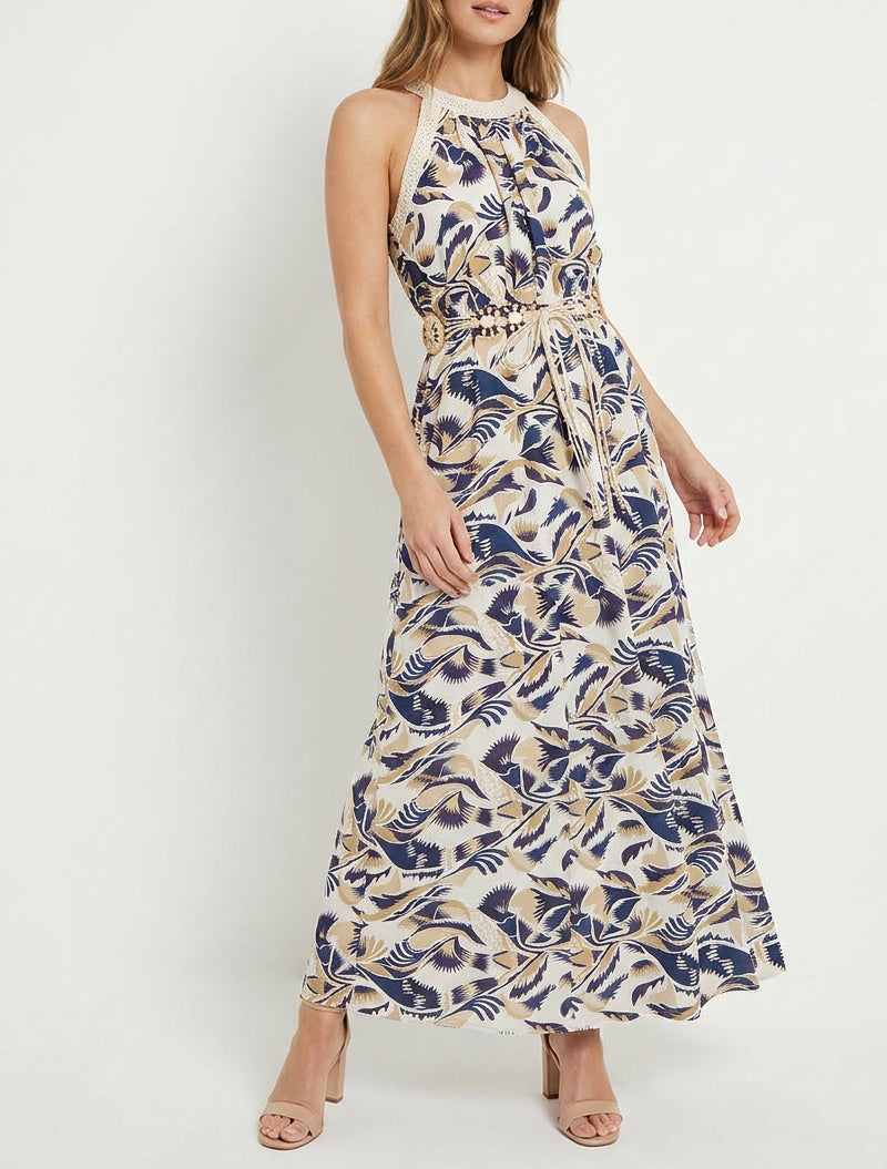 Robe longue évasée ceinturée - Marine