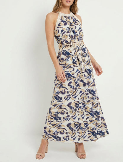 Robe longue évasée ceinturée - Marine