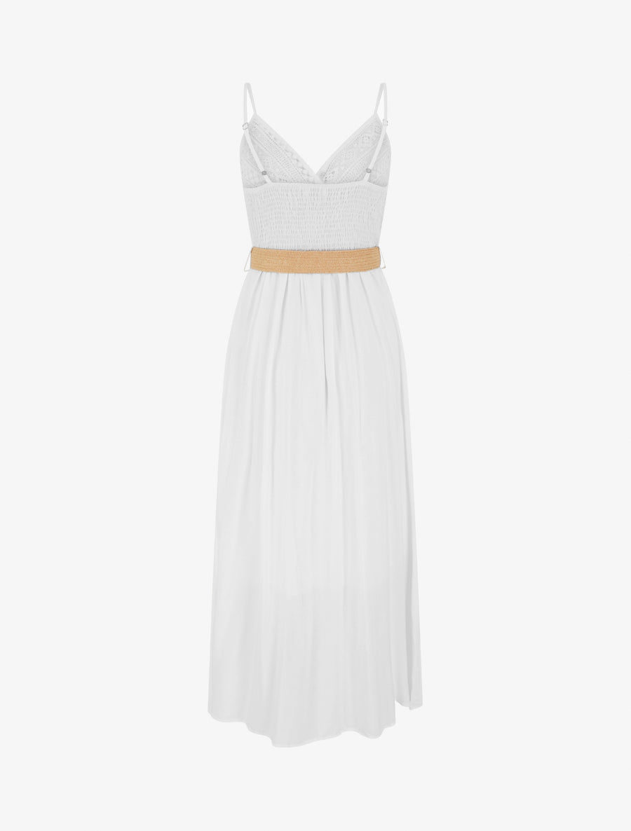 Robe longue unie à buste en dentelle - Blanc - 2