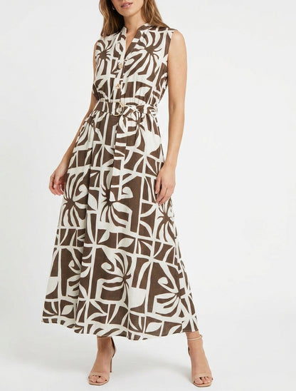 Robe longue encolure V ceinturée - Marron