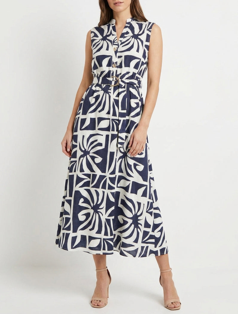 Robe longue encolure V à ceinture - Marine