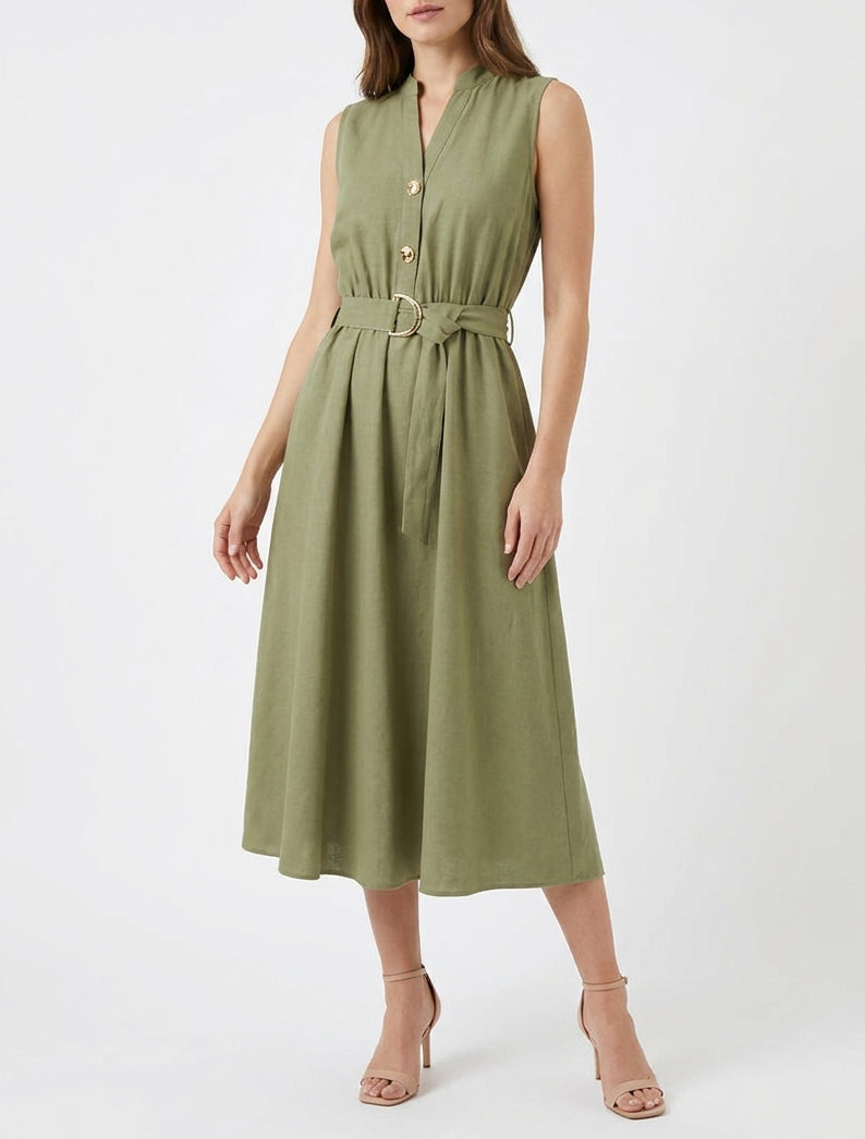 Robe longue col V ceinturée - Kaki