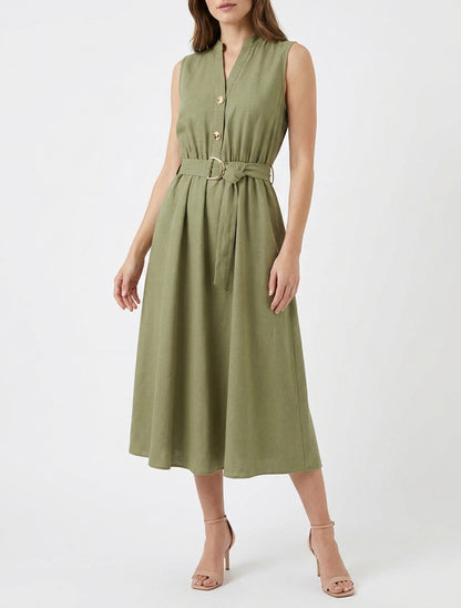 Robe longue col V ceinturée - Kaki