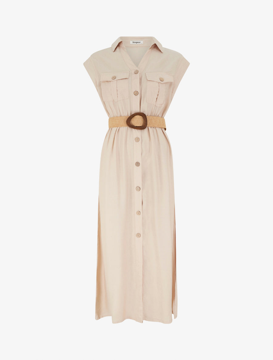 Robe longue unie boutonnée - Beige - 1